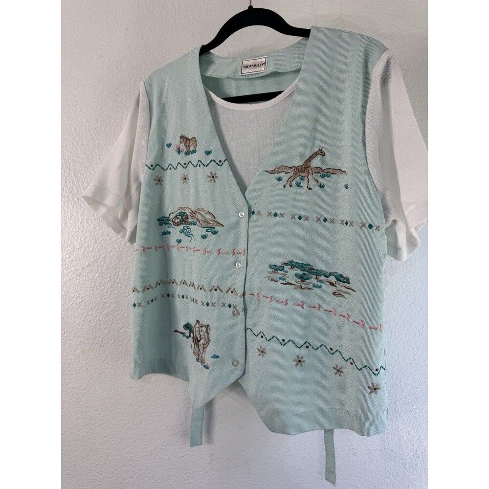 Napa Valley Granny Blouse Animal Safari Embroidered Mint Tie Back
